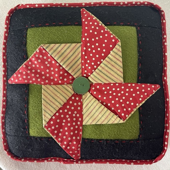 Handmade Other - Black Felt Handmade Look‎ Pillow 10in Red Polka Dot Quilted Pinwheel Accent